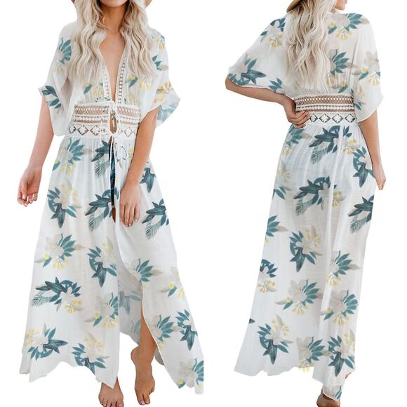 🌟Chiffon Floral Pattern Lace Trim Detail Cover Up Longline Beachwear | Size XL - Picture 1 of 7